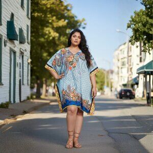 Gypsie Blu Women V-Neck Floral Print Sky Blue Summer Wear Beach Cover-Up Tunic